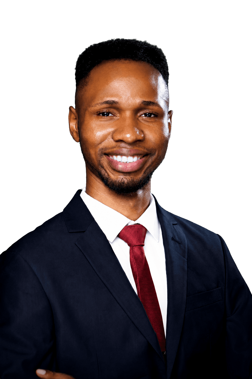 Fii Stephen smiling in a navy suit and wine-red tie